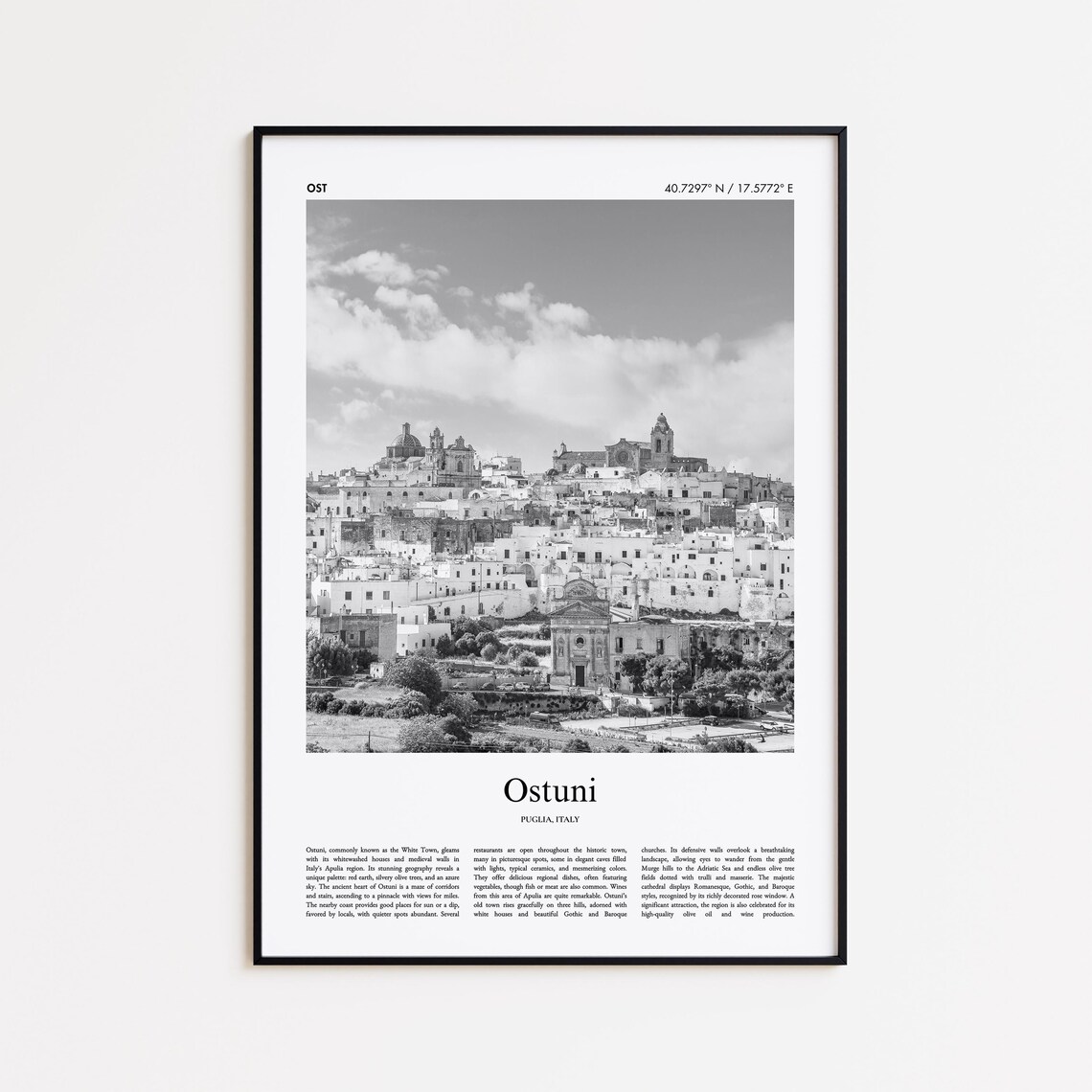Ostuni Puglia Italy White Town Black White Travel Photo Poster