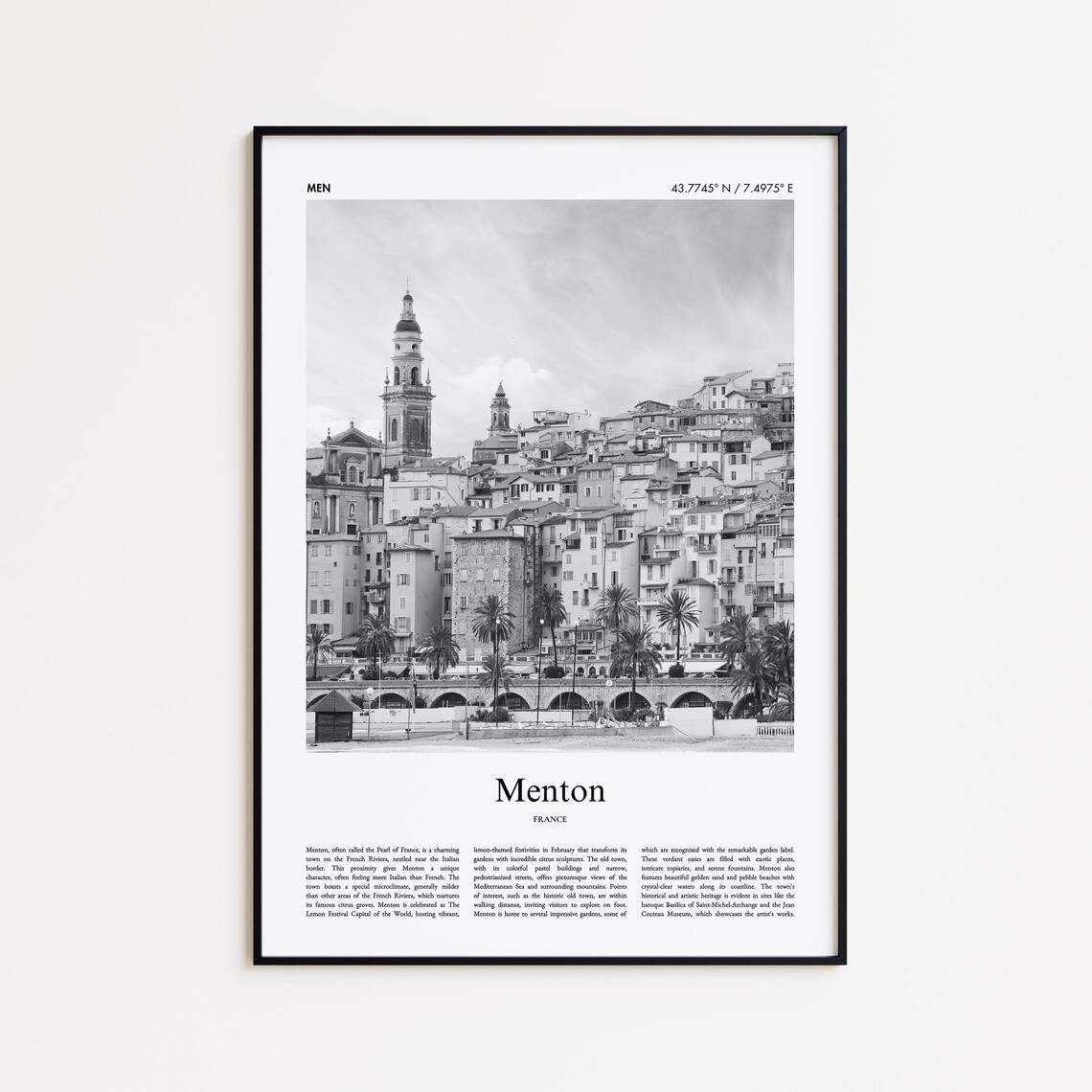 Menton Old Town Black And White French Riviera Travel Poster