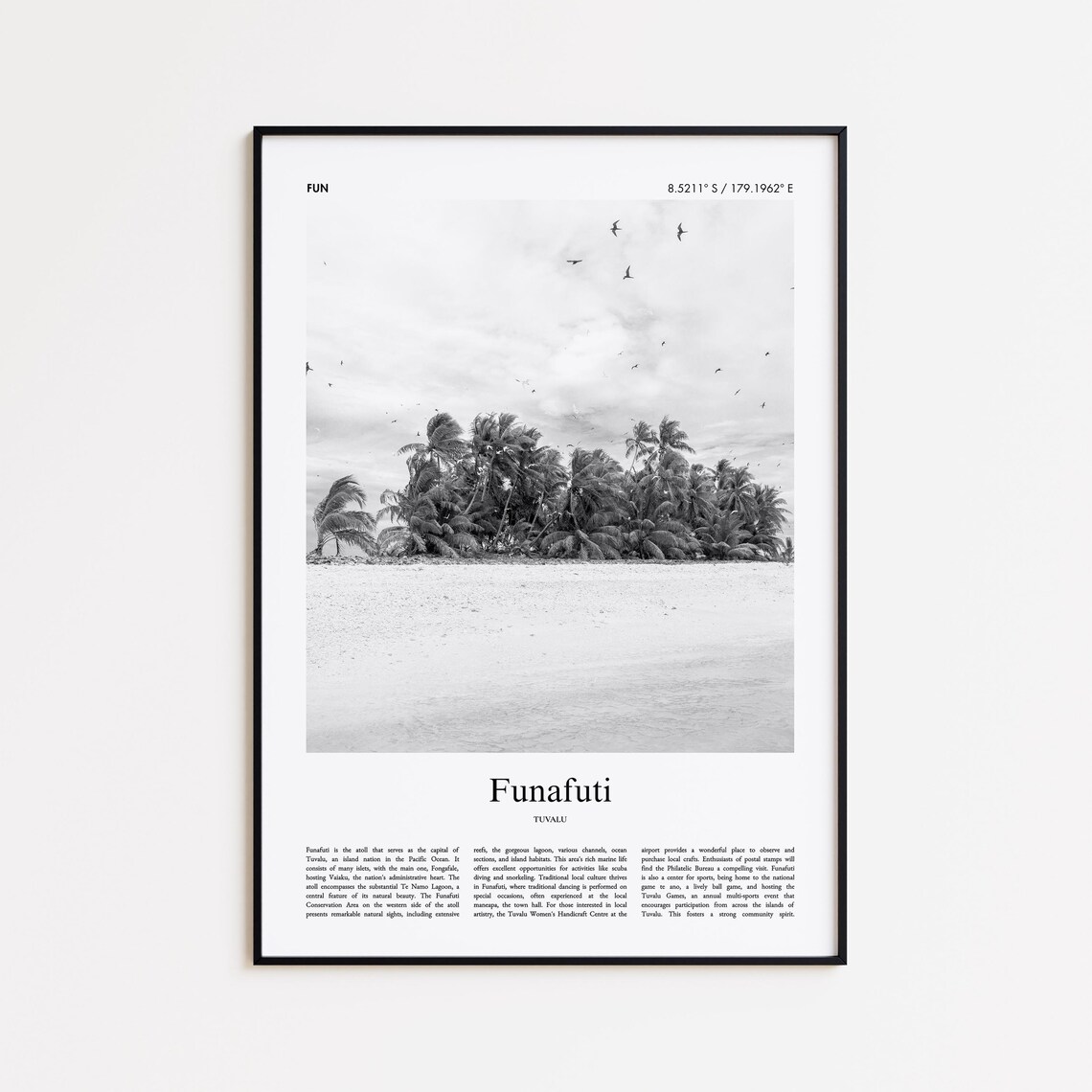 Funafuti Palm Beach with Seabirds Black and White Travel Poster