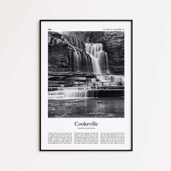 Cookeville Tennessee Black and White Waterfall Travel Poster