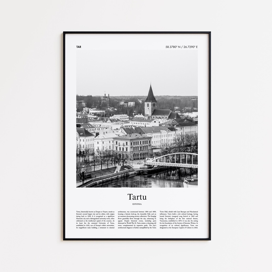 Tartu Estonia Black and White Old Town Photo Travel Poster Art