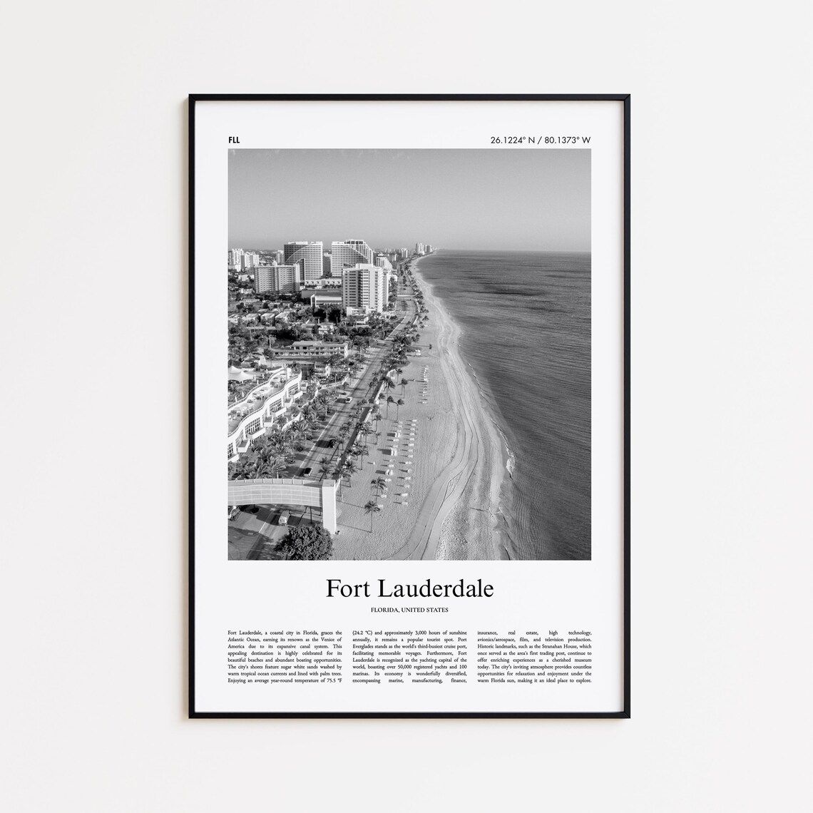 Fort Lauderdale Florida Black and White Beach Aerial Travel Poster