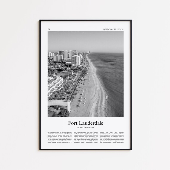 Fort Lauderdale Florida Black and White Beach Aerial Travel Poster