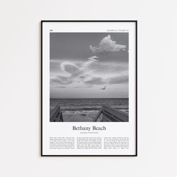 Bethany Beach Delaware Black And White Photo Poster With Coordinates