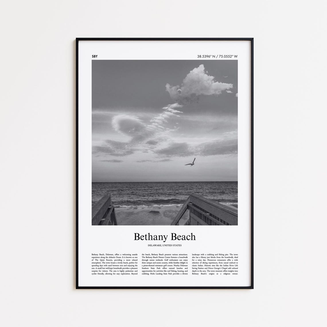 Bethany Beach Delaware Black And White Photo Poster With Coordinates