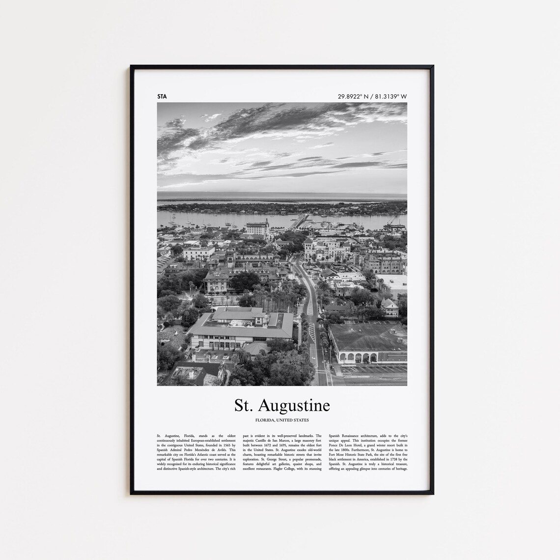 St. Augustine Florida Historic Old Town Aerial Black And White Photo Poster