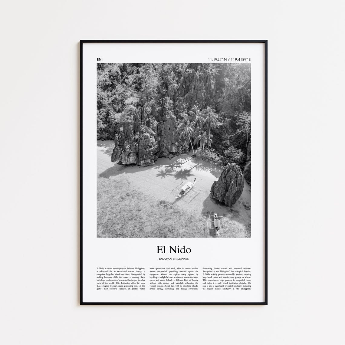 El Nido Palawan Black And White Beach Limestone Cliff Travel Poster