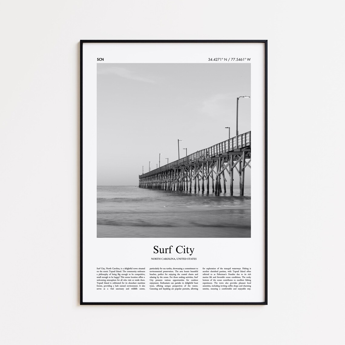Surf City North Carolina Fishing Pier Black And White Photo Poster