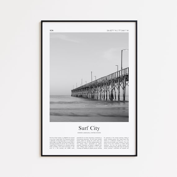 Surf City North Carolina Fishing Pier Black And White Photo Poster