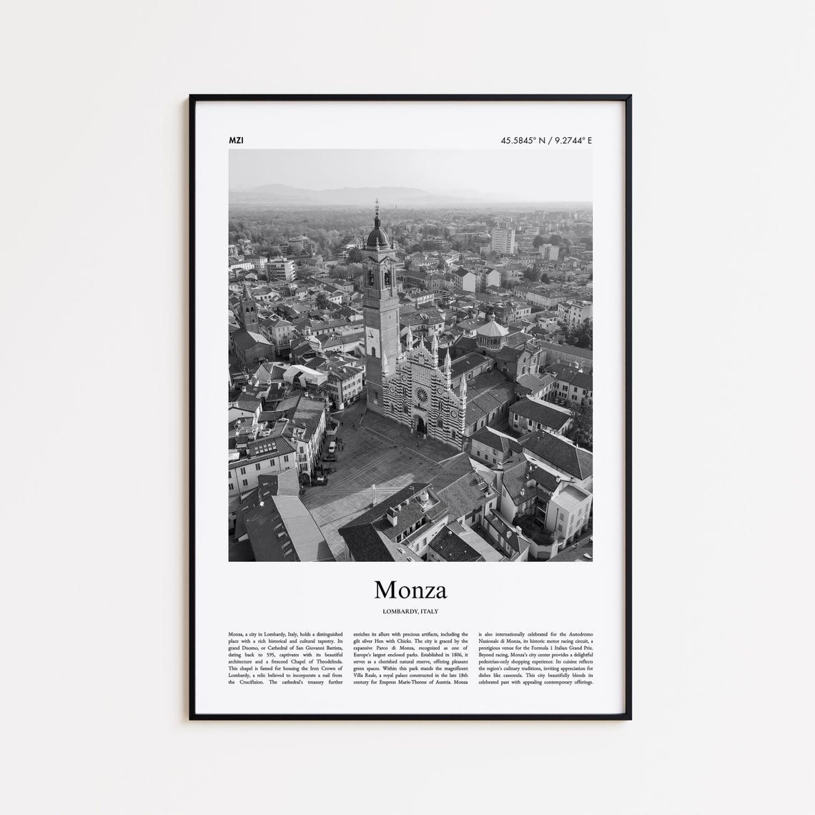 Monza Italy Black And White Cathedral Aerial Old Town Photo Poster