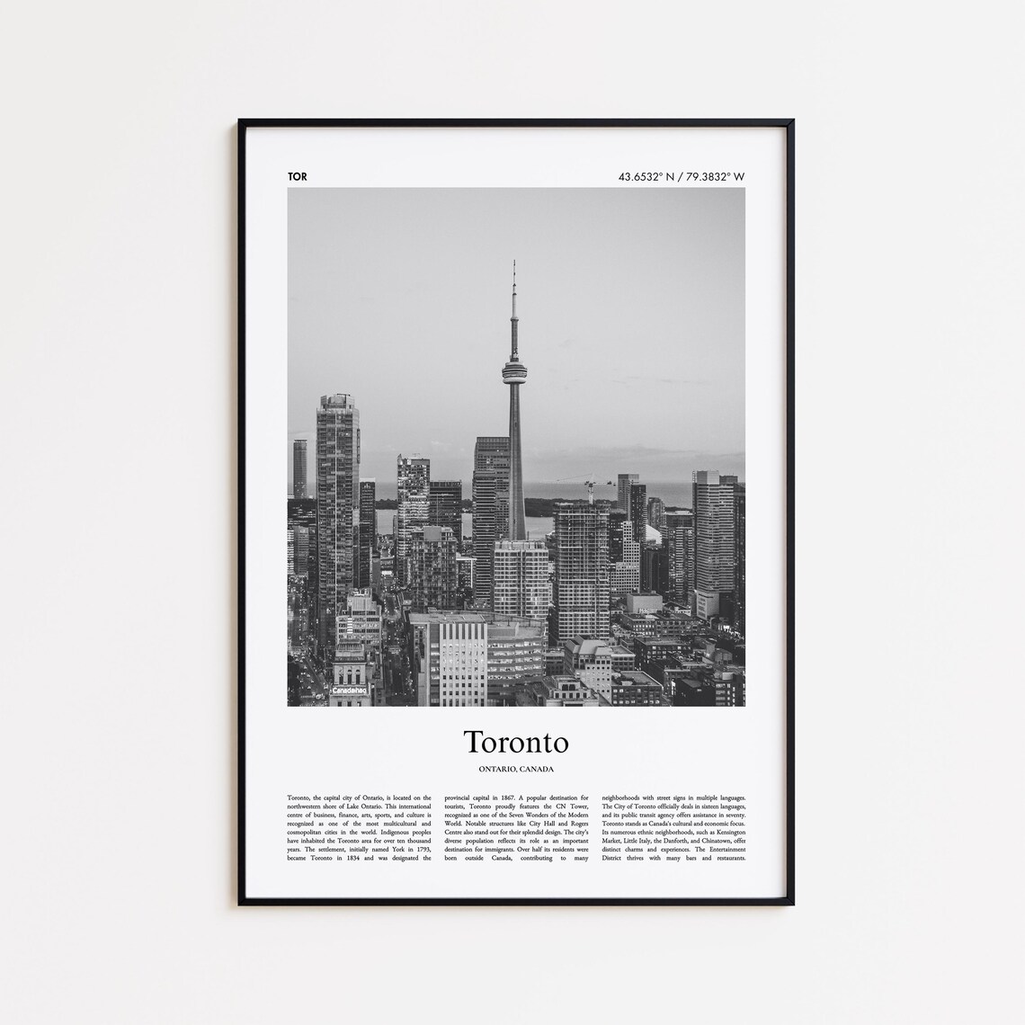 Toronto Ontario Black and White CN Tower Skyline City Travel Poster