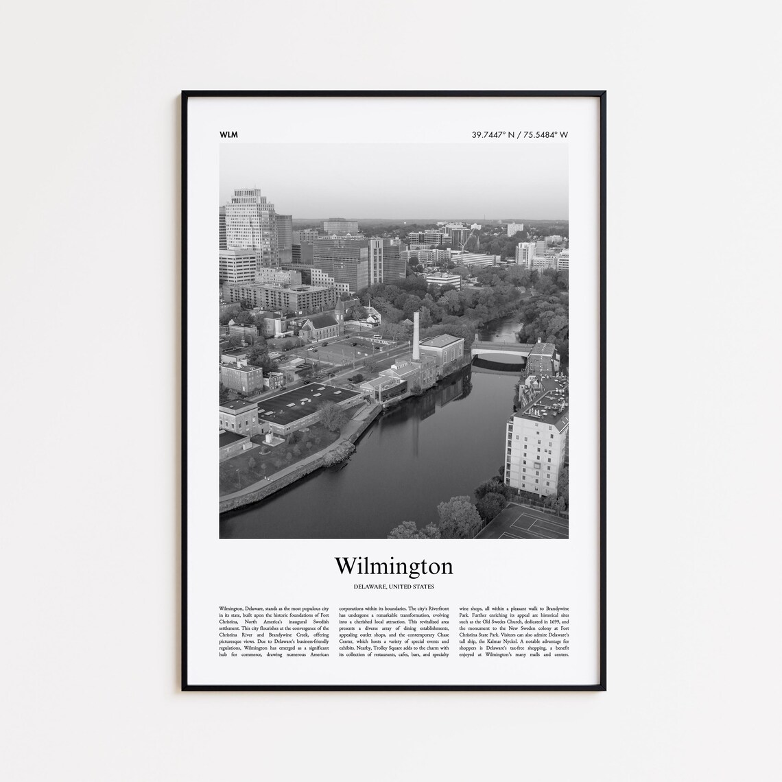 Wilmington Delaware Black and White Travel Poster Riverfront City Photo