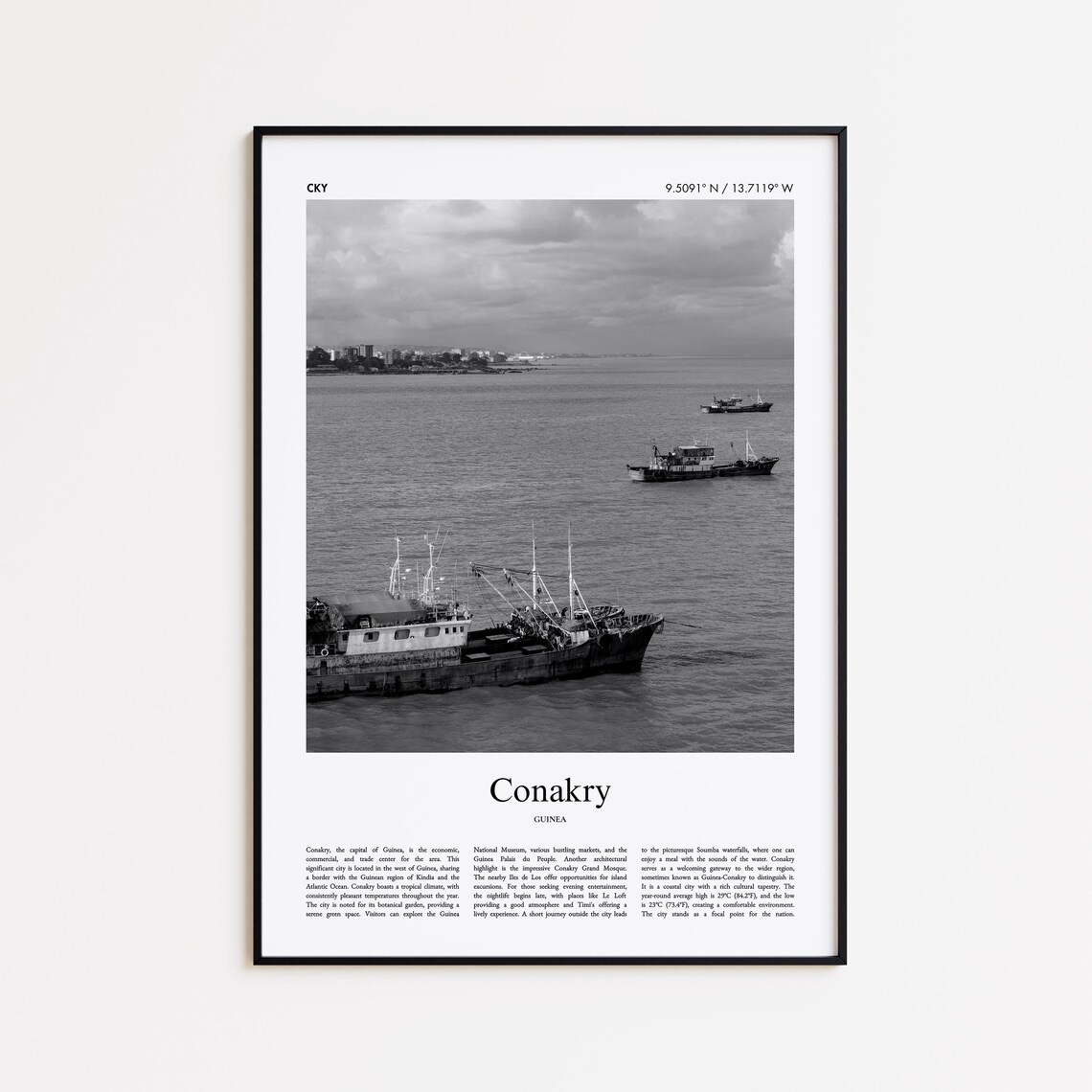 Conakry Guinea Harbor Black And White Travel Photography Wall Poster