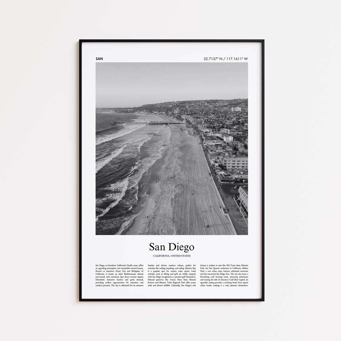 San Diego California Beach Aerial View Black White Photo Print