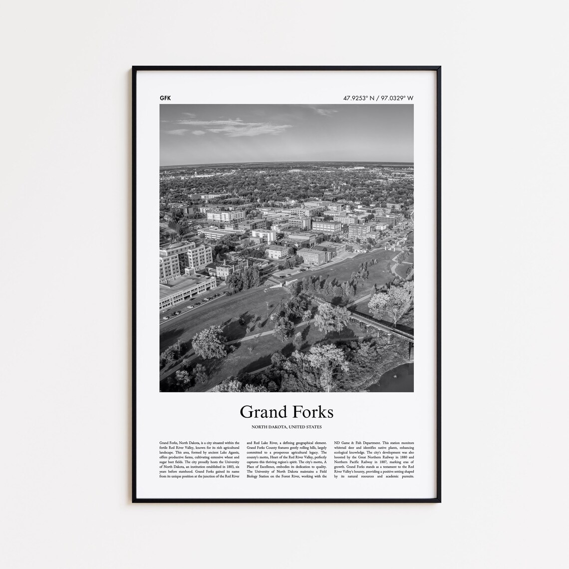Grand Forks North Dakota Black And White Aerial City Photo Print