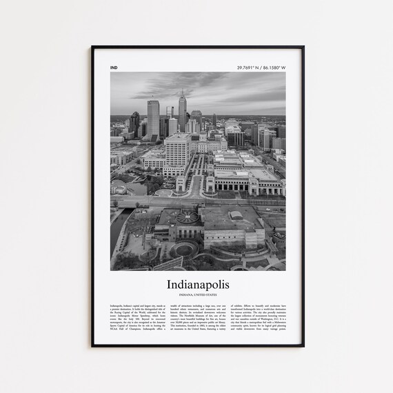 Indianapolis Indiana Black And White Aerial Skyline Photo Travel Poster