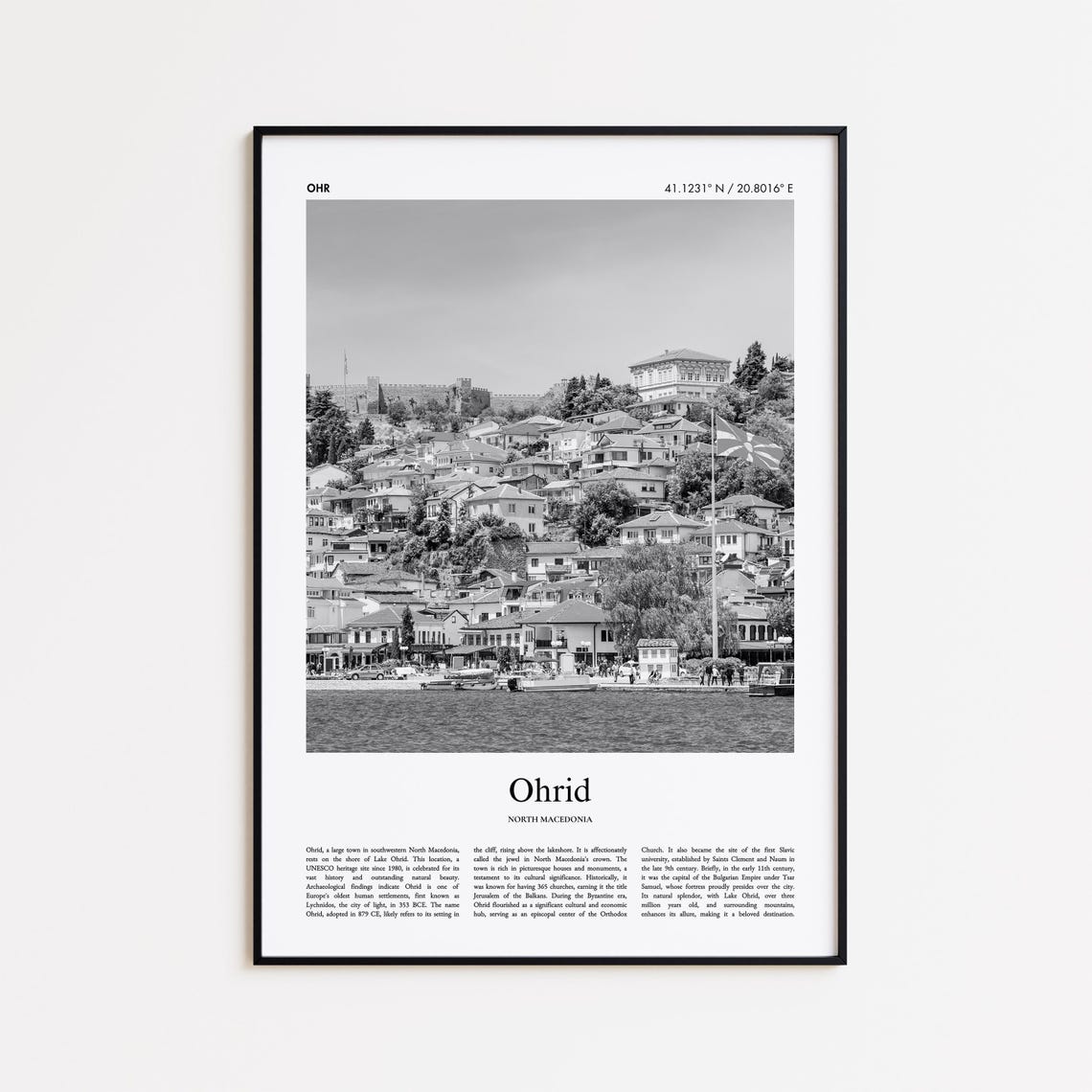 Ohrid North Macedonia Black and White Lakeside Old Town Poster