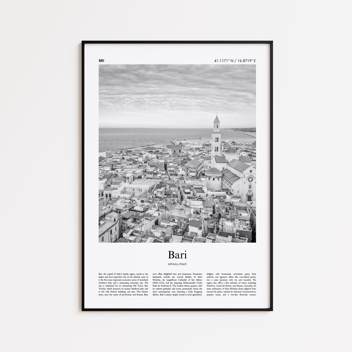 Bari Apulia Italy Black and White Aerial Old Town Photo Poster