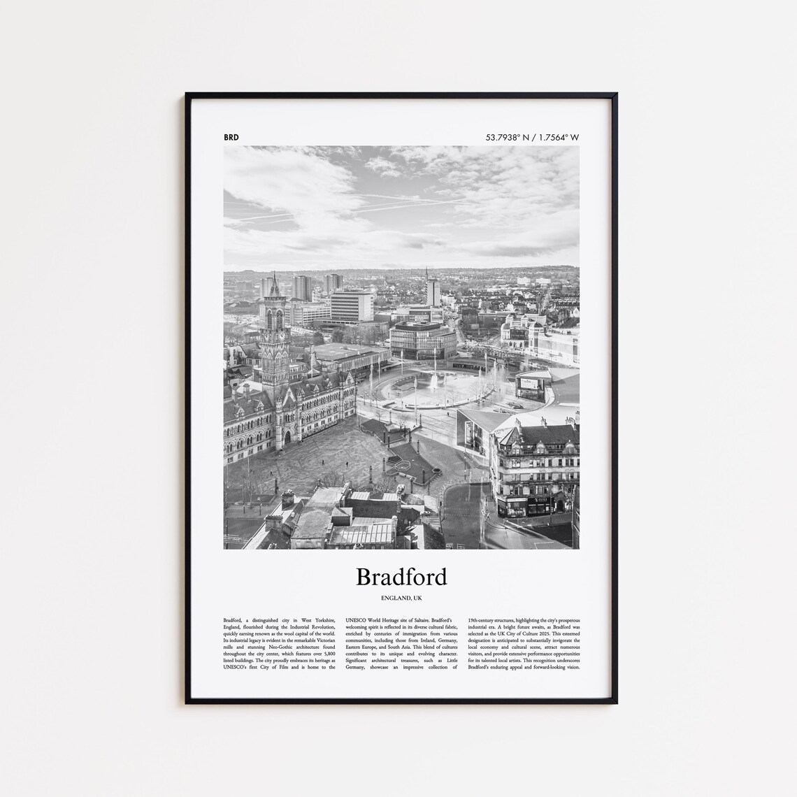 Bradford England Black and White Cityscape Photo Travel Poster