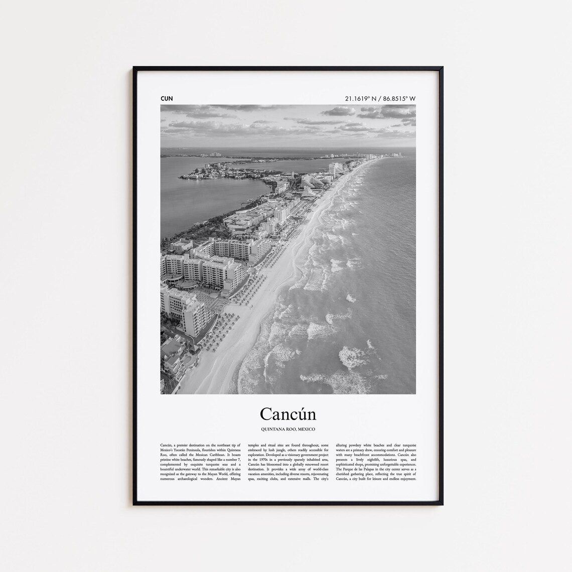 Cancún Beach Strip Aerial Black and White Photo Travel Poster