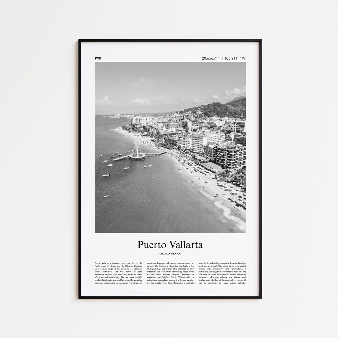 Puerto Vallarta Bay Aerial Black and White Photo Travel Poster