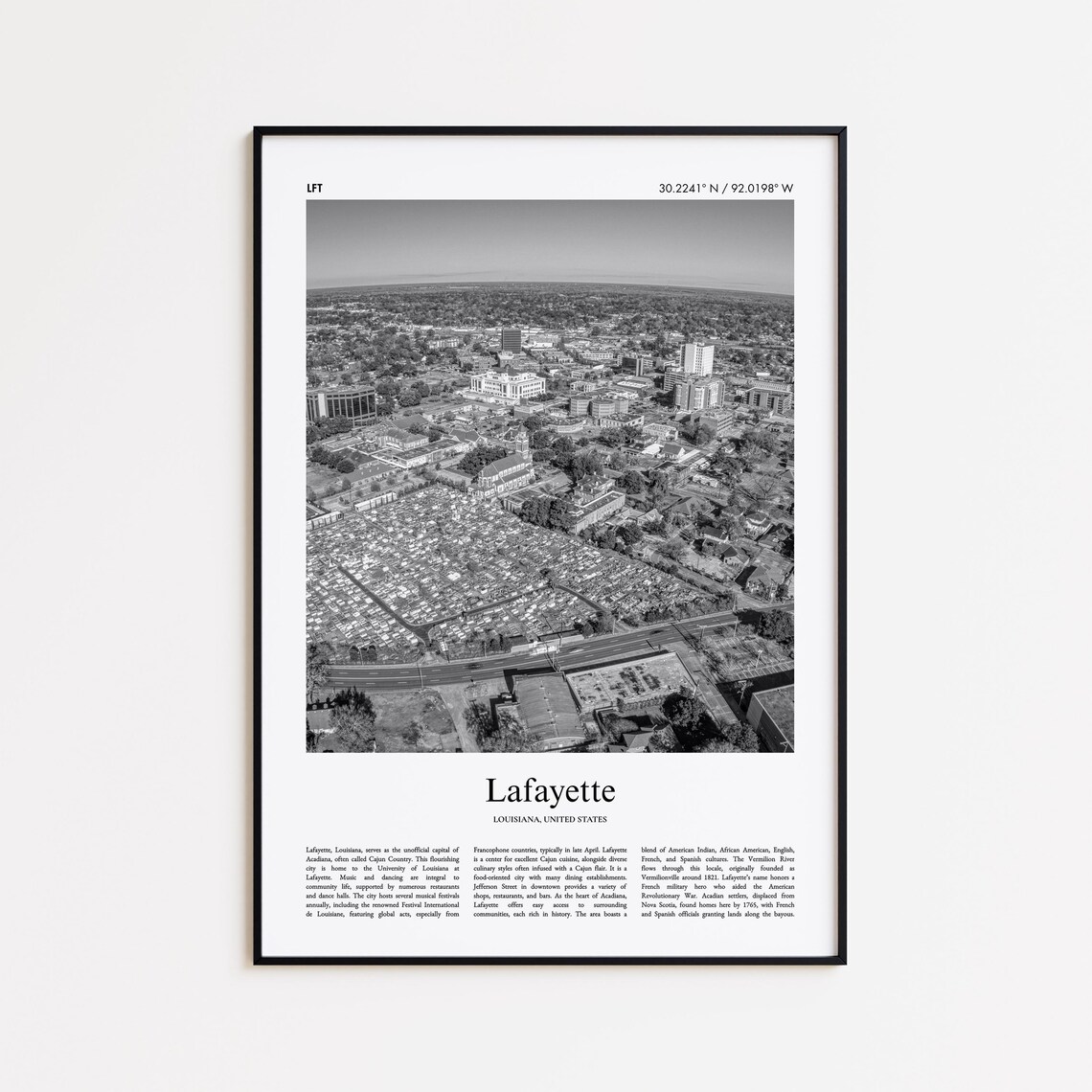 Lafayette Louisiana Black and White Aerial Cityscape Photo Print