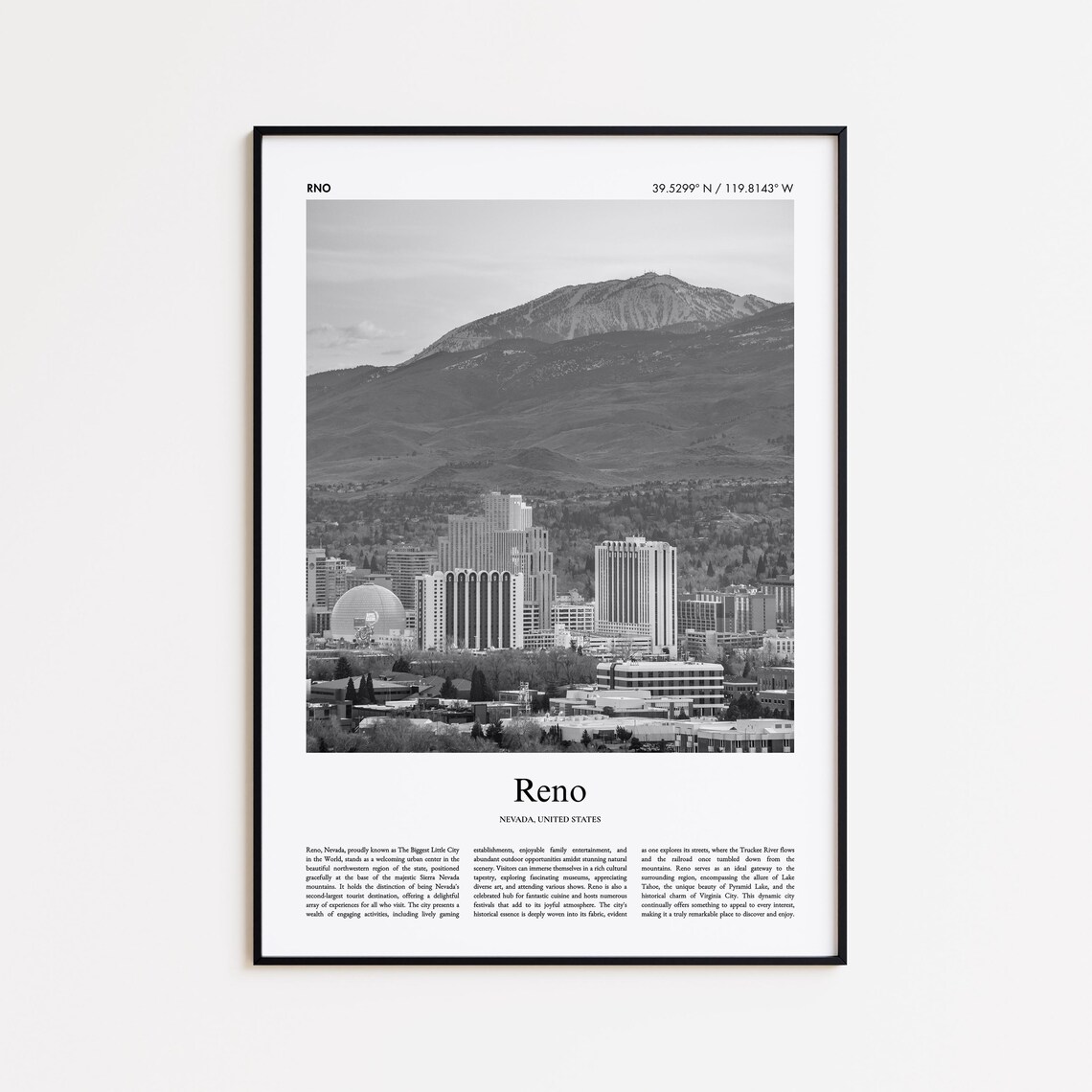 Reno Nevada Black and White Skyline Sierra Mountains Travel Poster