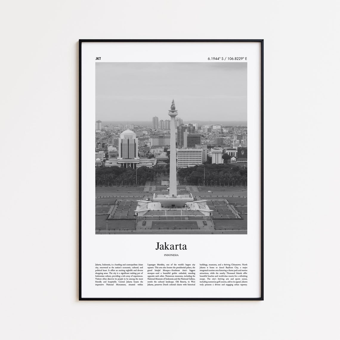 Jakarta Indonesia National Monument Black And White City Photo Poster