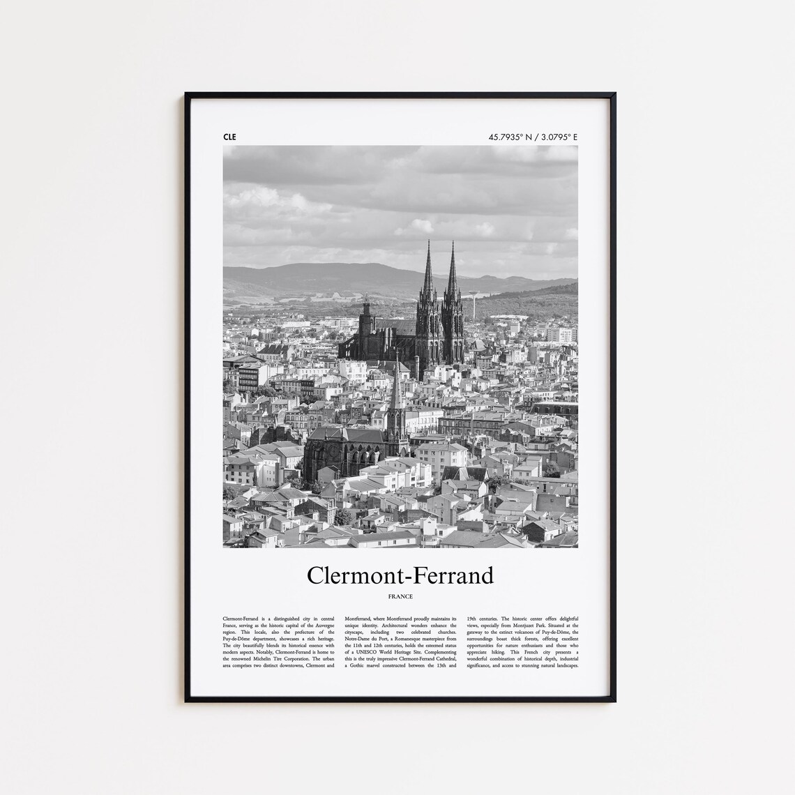 Clermont-Ferrand France Cathedral Cityscape Black White Poster