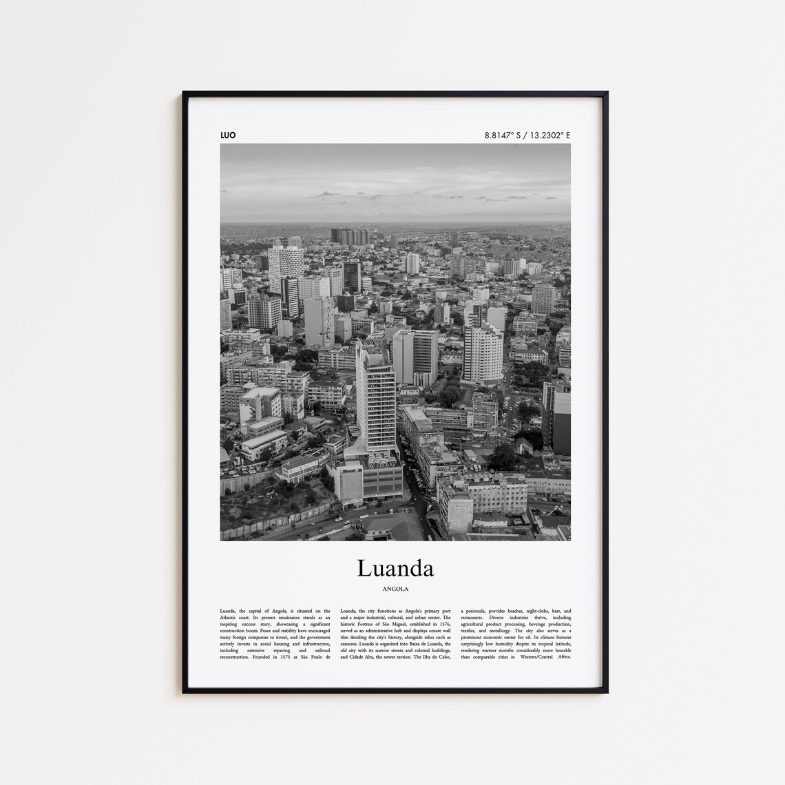 Luanda Angola Aerial Skyline Black and White Cityscape Travel Poster