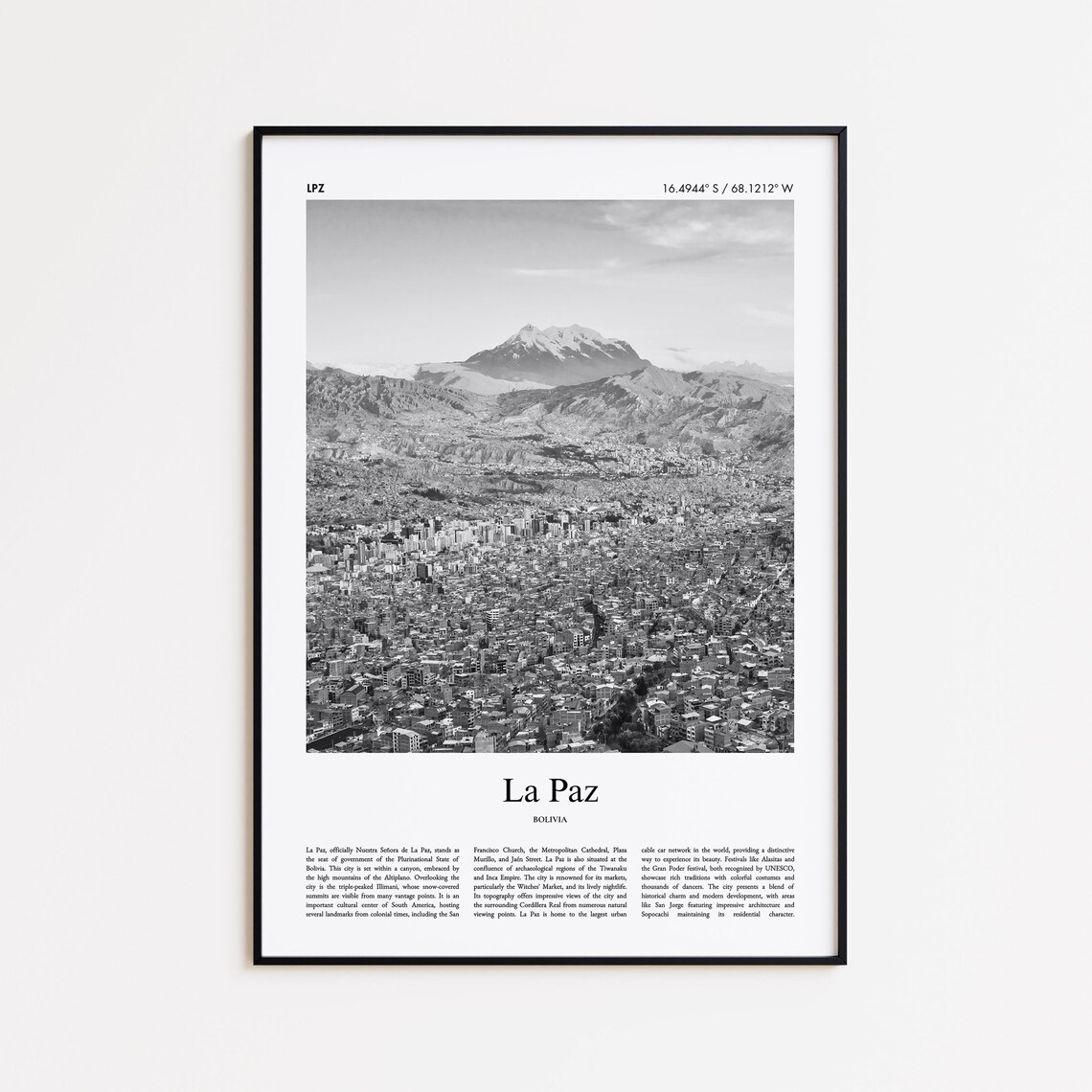 La Paz Bolivia Black and White Cityscape Photo Travel Poster