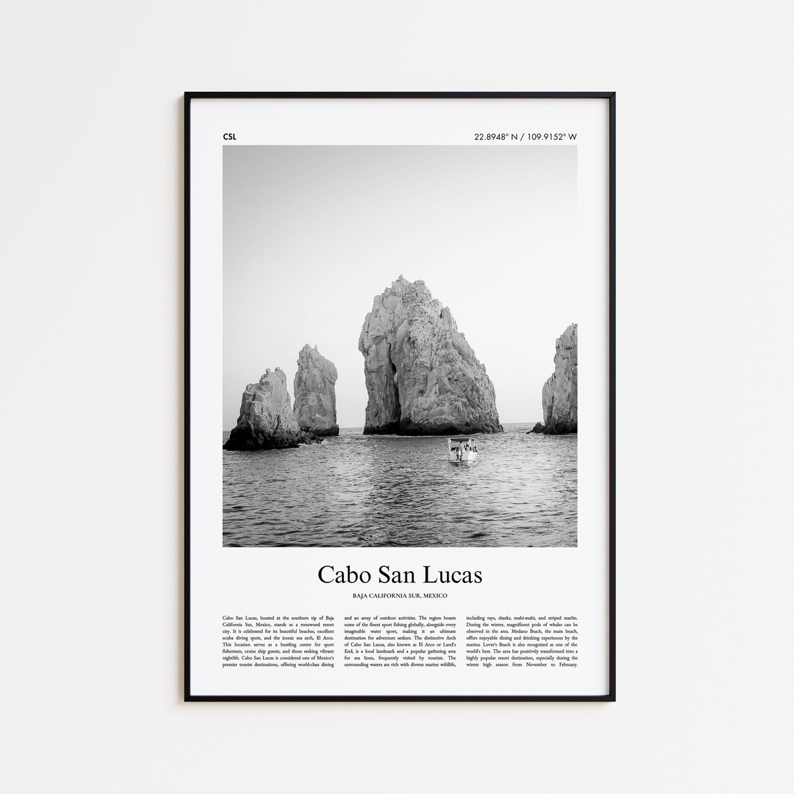 Cabo San Lucas Mexico Black and White El Arco Rocks Travel Poster
