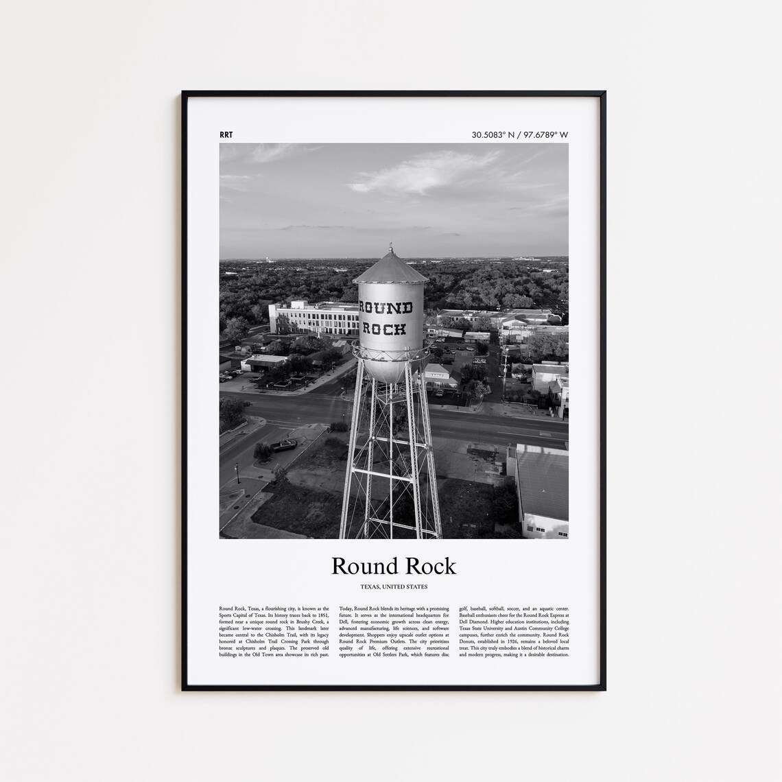 Round Rock Texas Water Tower Aerial Black And White Photo Poster