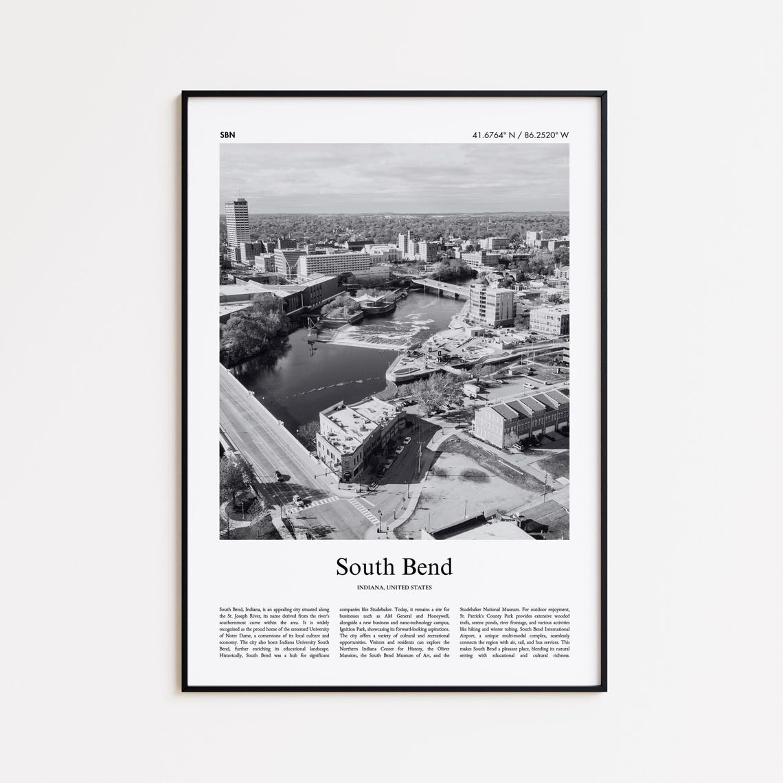 South Bend Indiana Black White River City Aerial Photo Poster