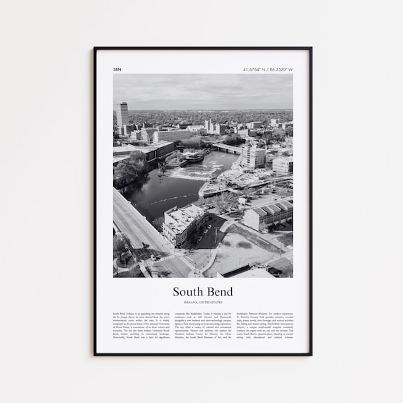 South Bend Indiana Black White River City Aerial Photo Poster