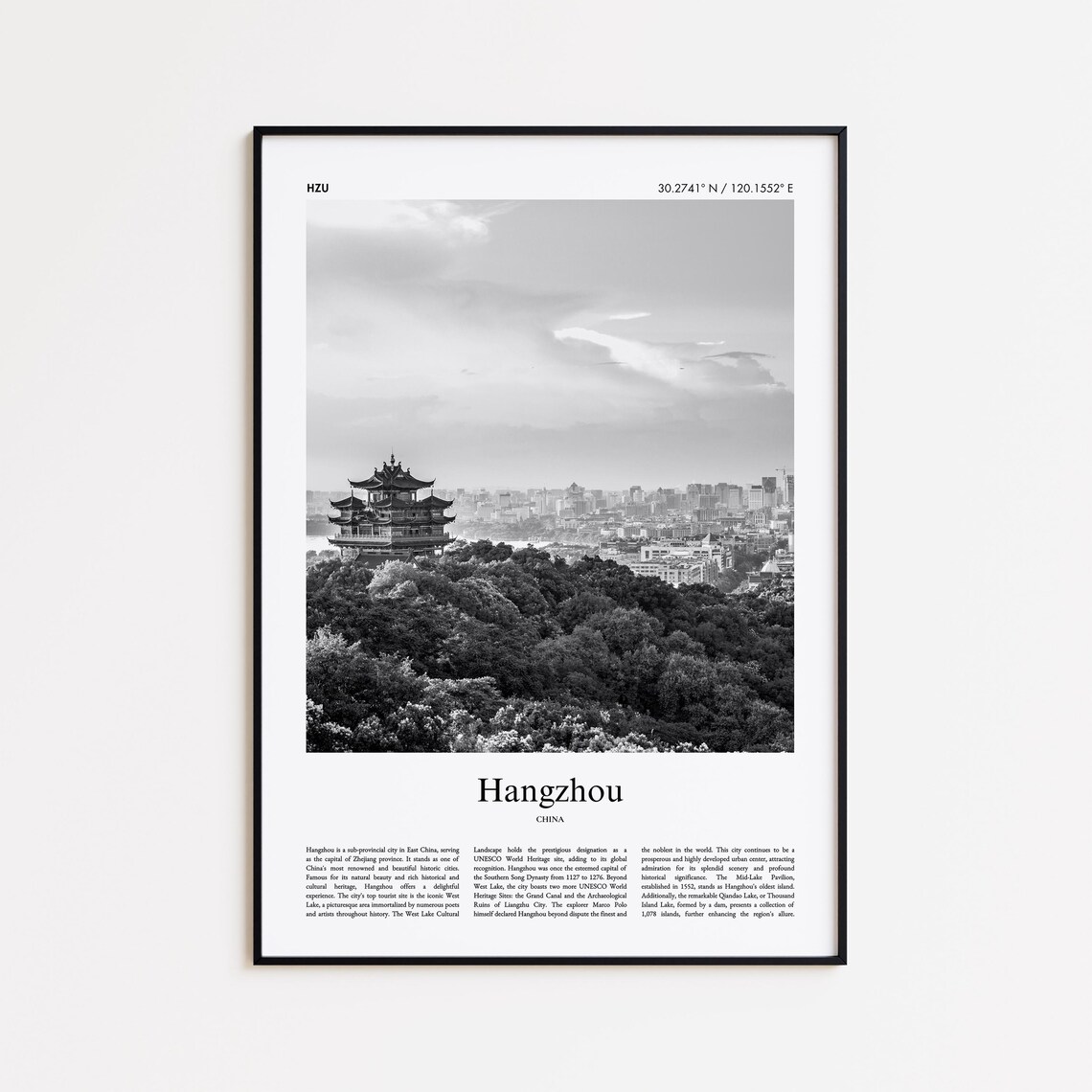 Hangzhou China Historic Pagoda Skyline Black And White Travel Poster