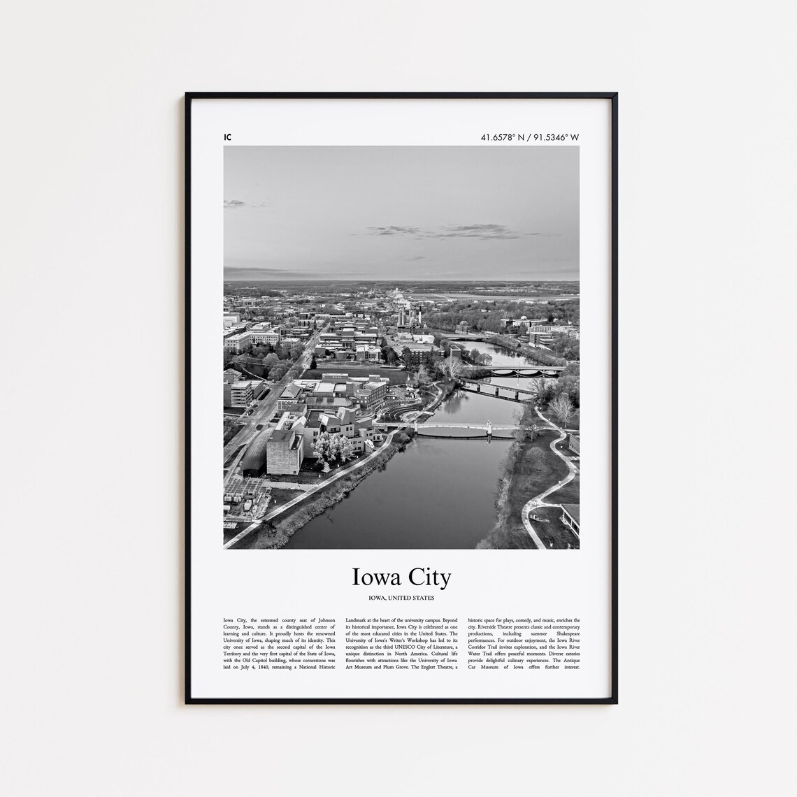 Iowa City Black And White Travel Poster, Wall Art Print