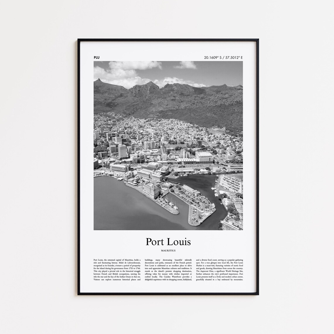 Port Louis Mauritius Harbor Aerial Black and White Travel Poster