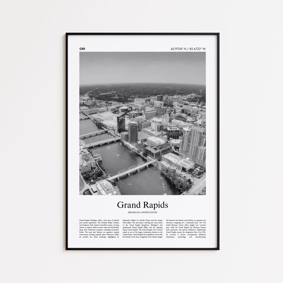 Grand Rapids Michigan Downtown Aerial Black And White Photo Travel Poster