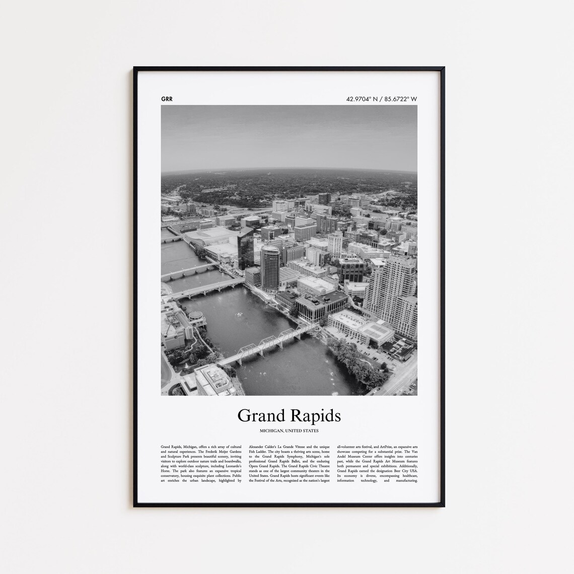 Grand Rapids Michigan Downtown Aerial Black And White Photo Travel Poster