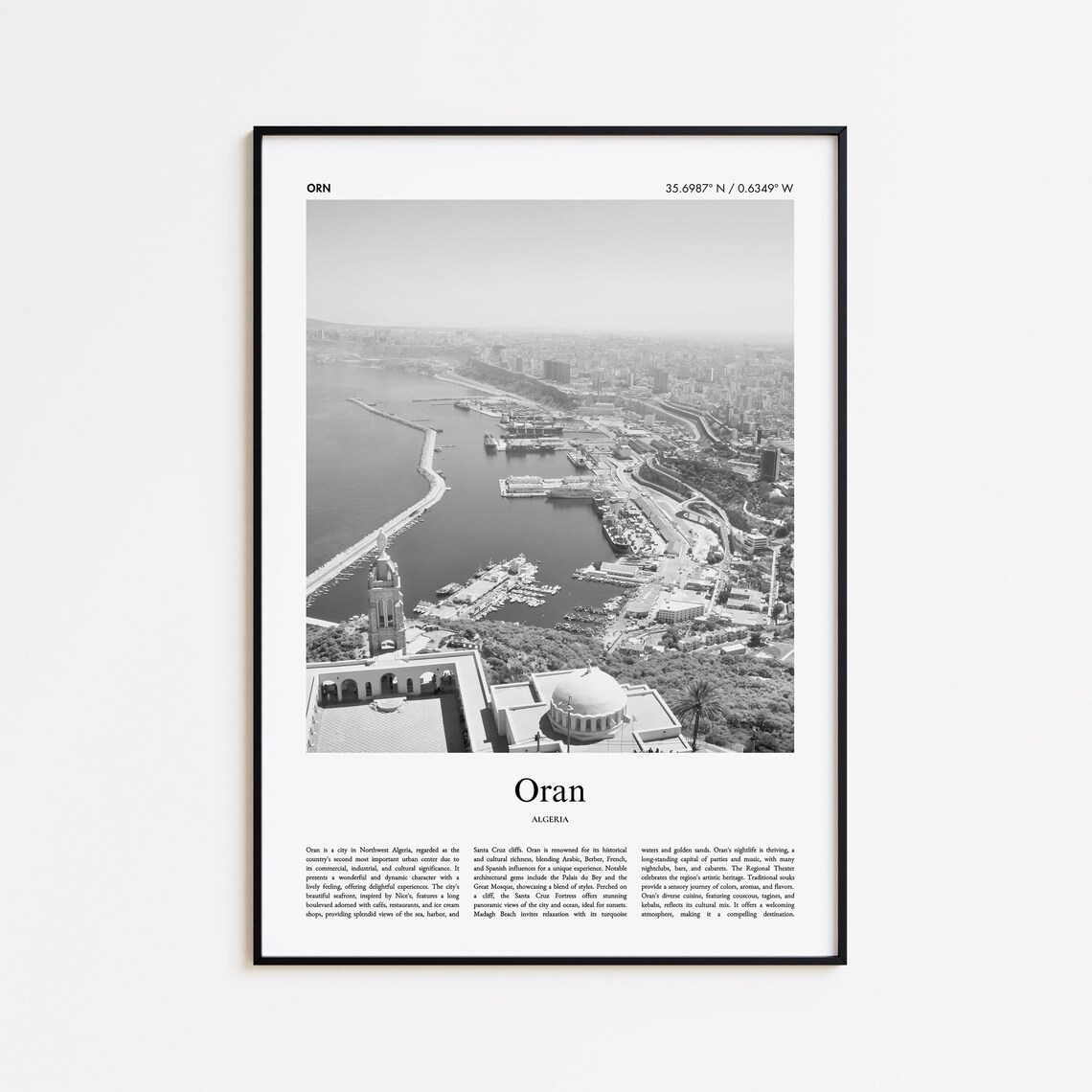 Oran Algeria Black And White Coastal Harbor City Photo Poster