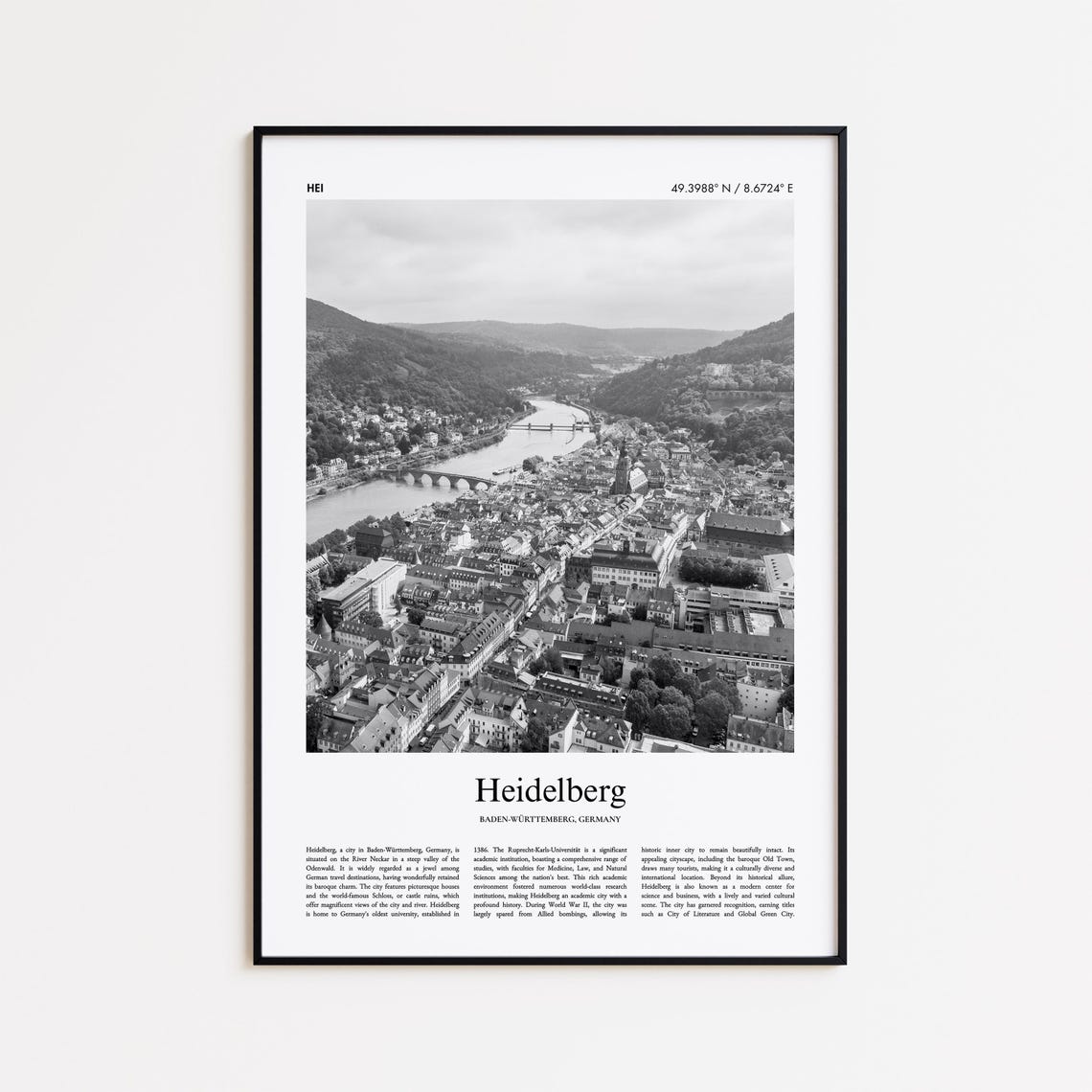 Heidelberg Old Bridge Neckar River Aerial Black and White Poster