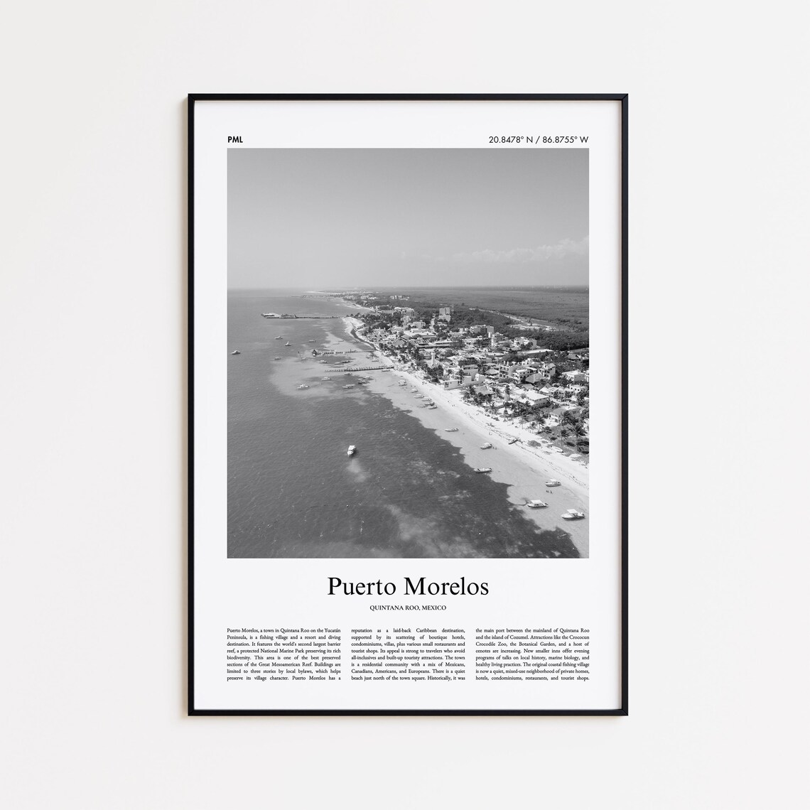 Puerto Morelos Mexico Beach Aerial Black And White Travel Poster