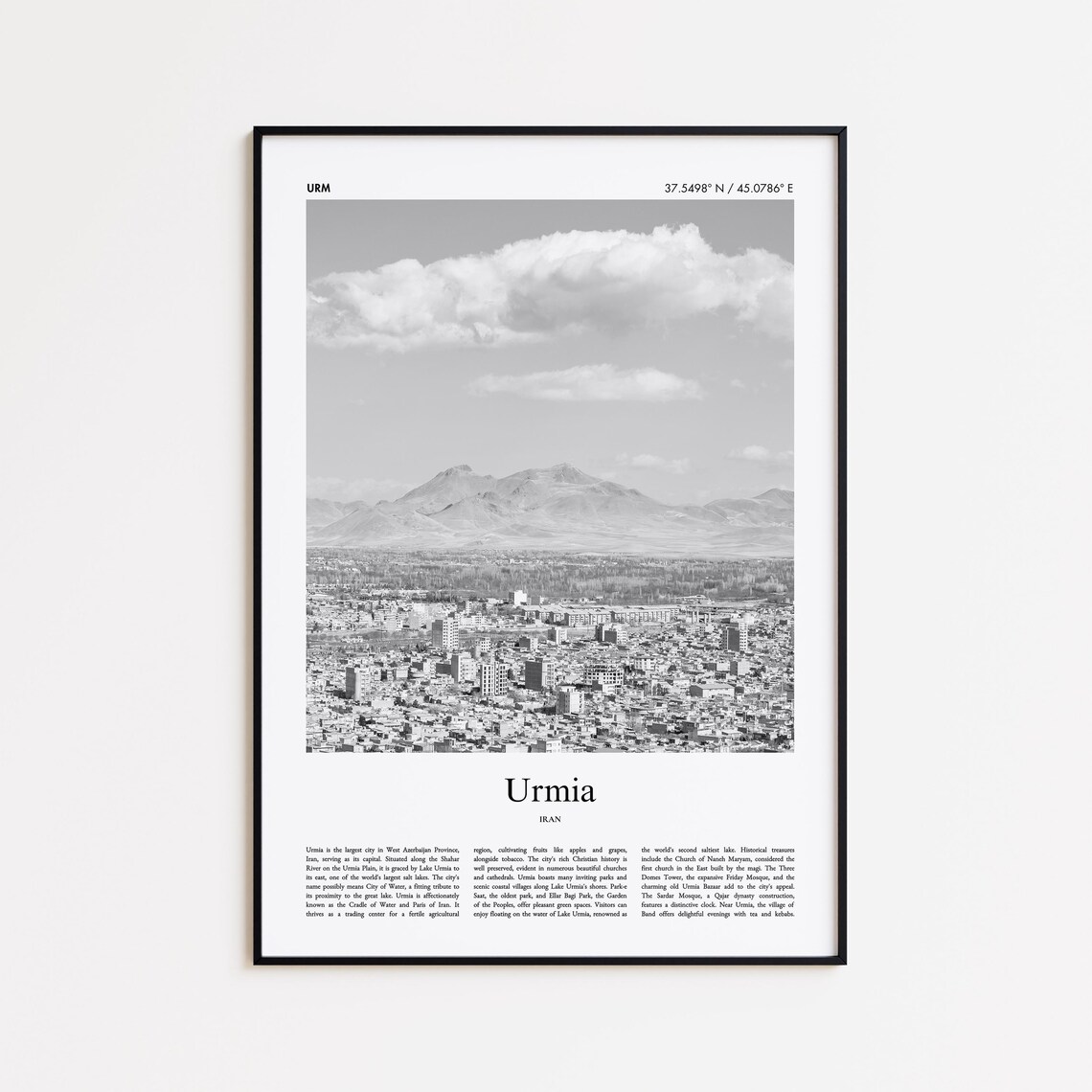 Urmia Iran Black And White City Skyline Minimal Travel Art Poster