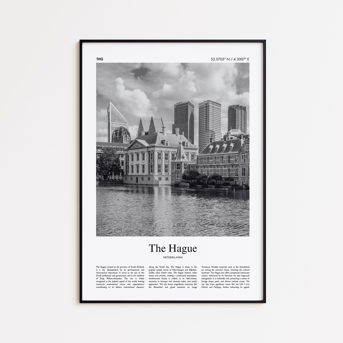 The Hague Netherlands Black and White Waterfront Skyline Poster