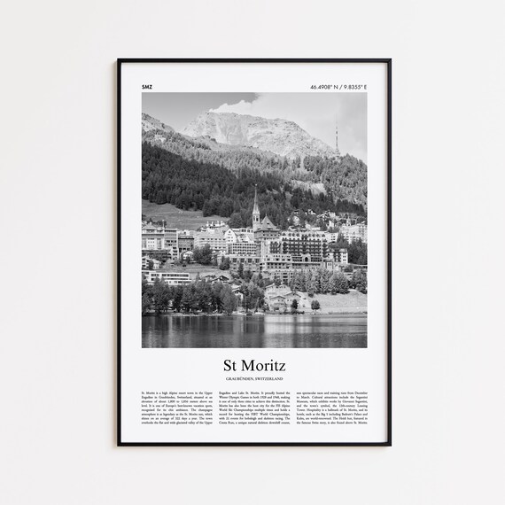 St Moritz Switzerland Black and White Lake Town Alpine Poster