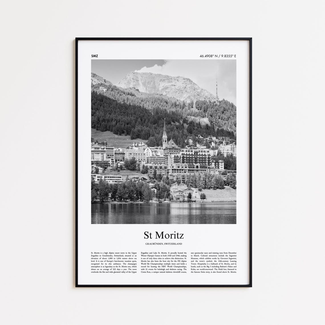 St Moritz Switzerland Black and White Lake Town Alpine Poster