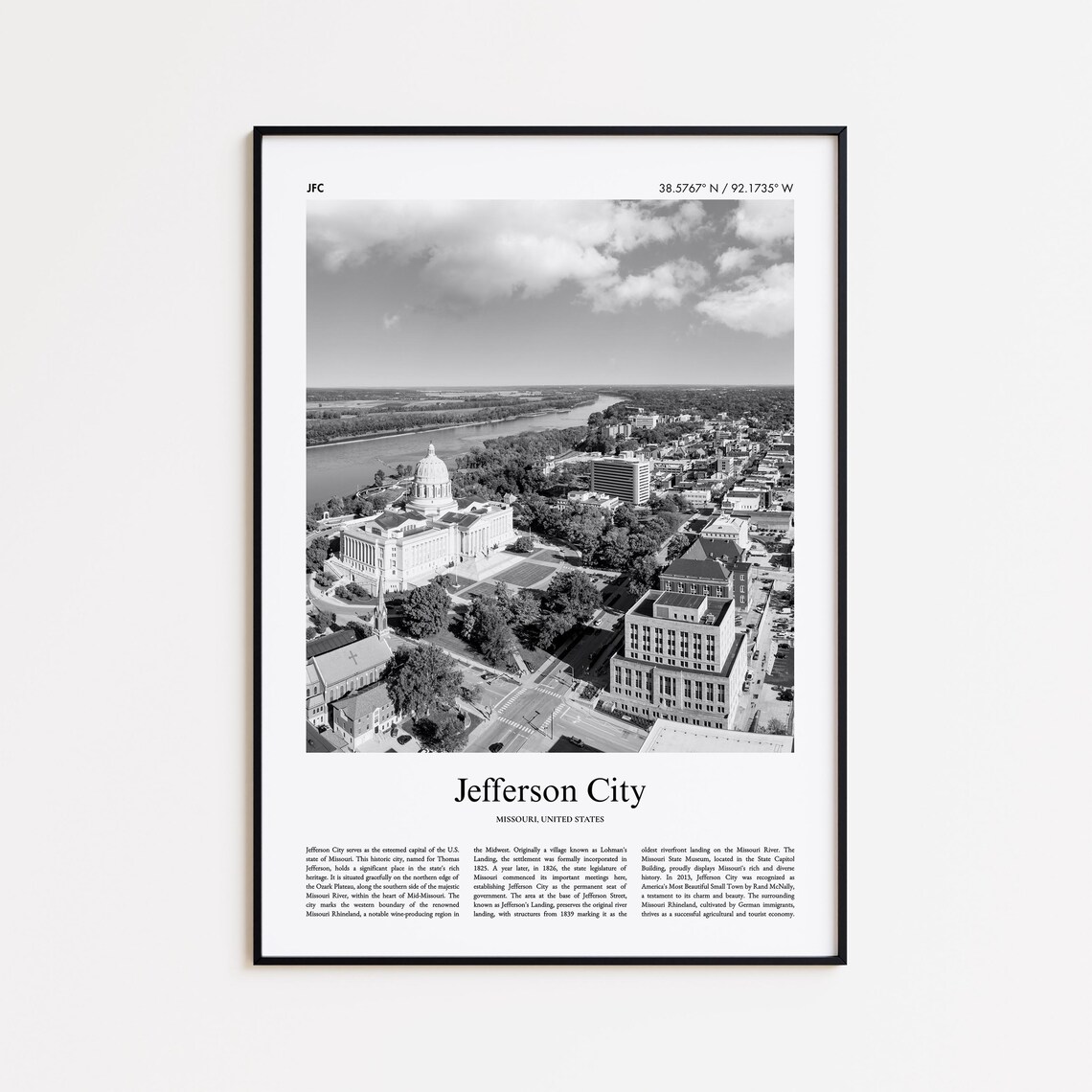 Jefferson City Missouri Black and White Aerial Capitol Photo Poster