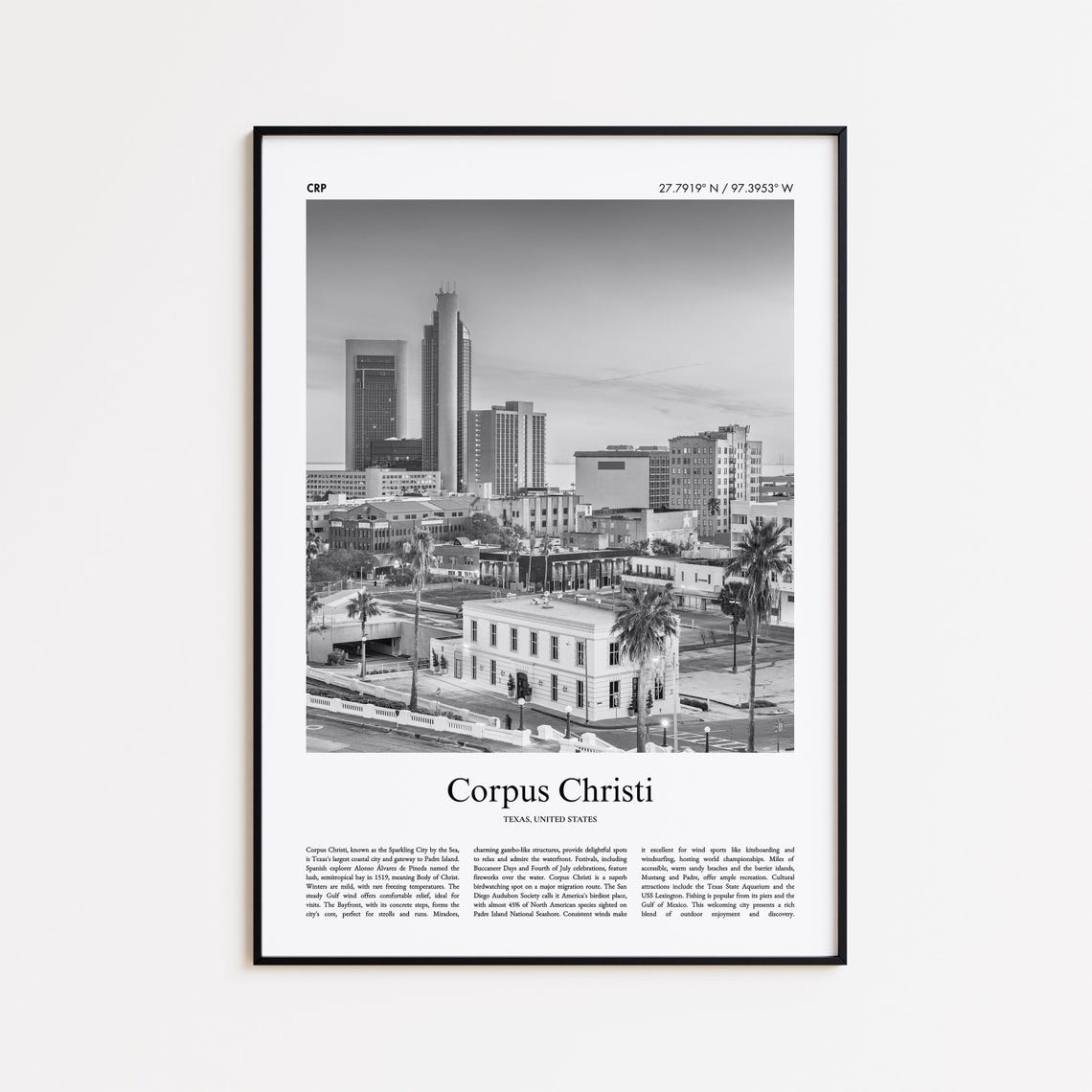 Corpus Christi Texas Skyline Black And White Photo Travel Poster