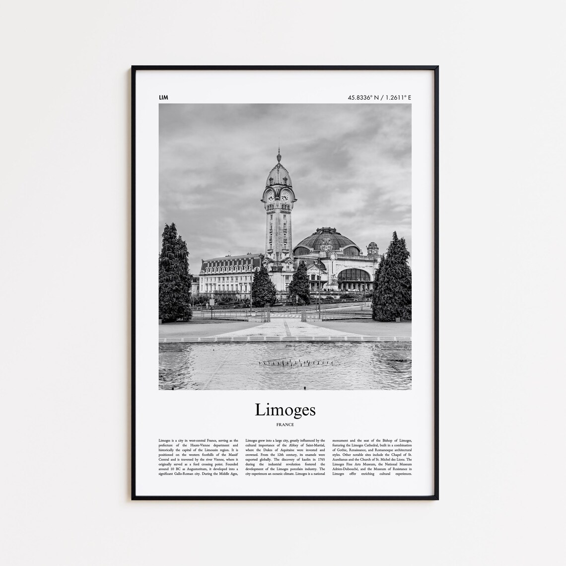 Limoges Black and White Travel Poster, France
